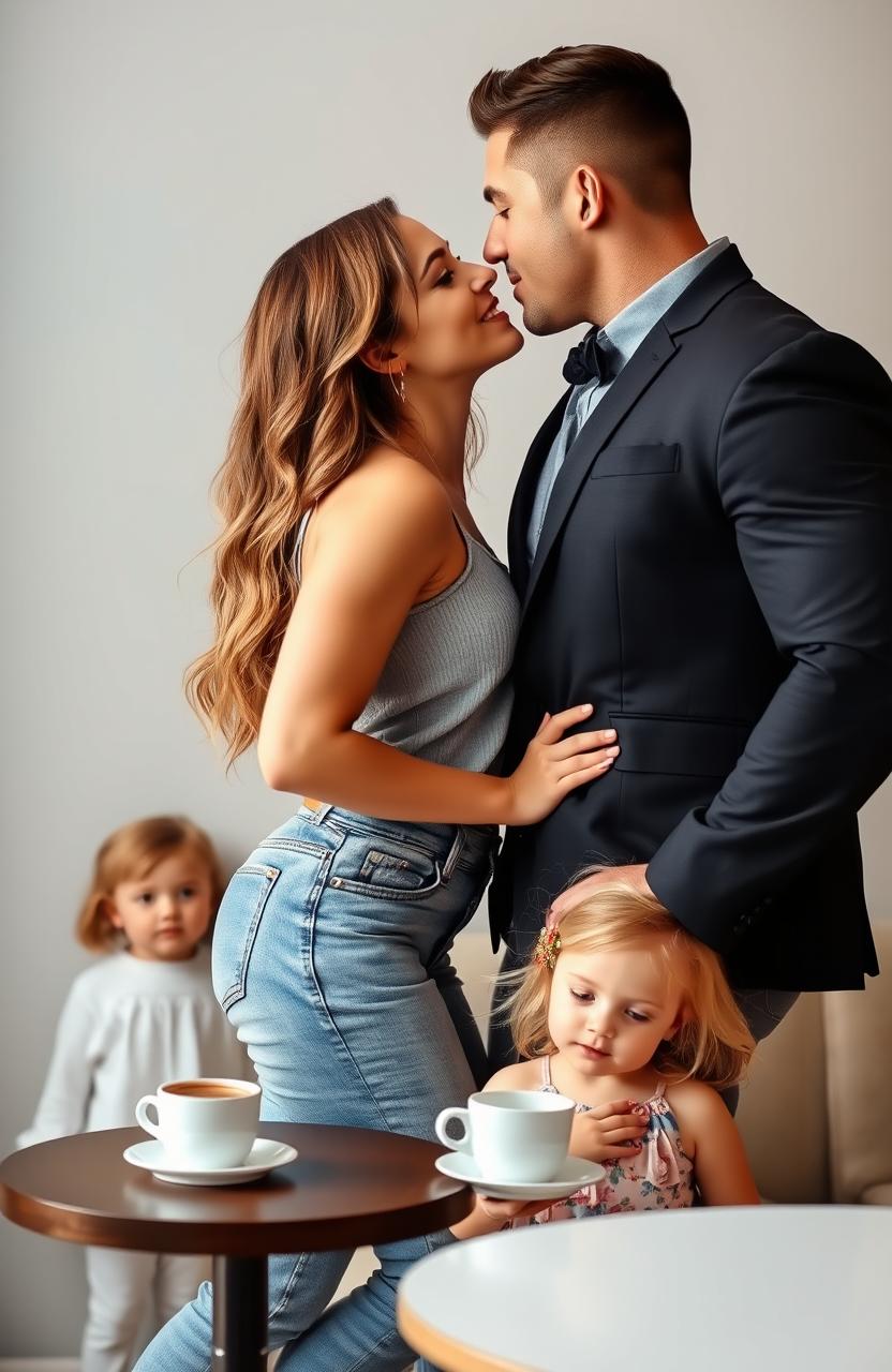 A beautiful young woman dressed in jeans standing close to a handsome muscular man in a suit, they are almost kissing, with the man gently leaning her against a table that has a coffee cup on it