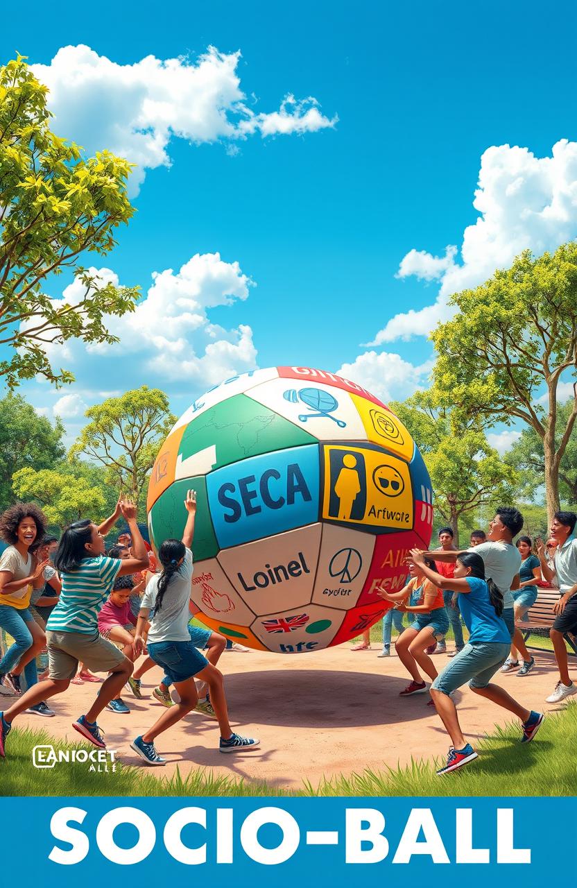 A visually striking concept of 'Socio-ball', a blend of social interaction and sports, depicting a vibrant game being played in a community park