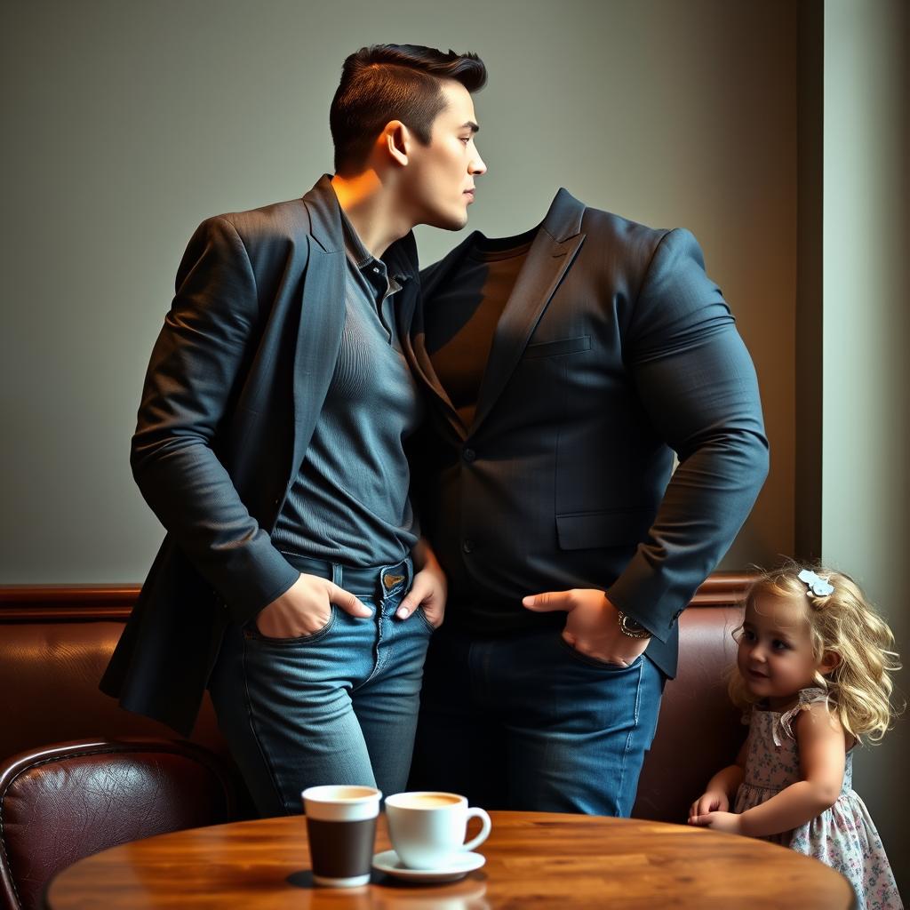 A beautiful young woman dressed in jeans standing close to a handsome muscular man in a suit, they are almost kissing, with the man gently leaning her against a table that has a coffee cup on it
