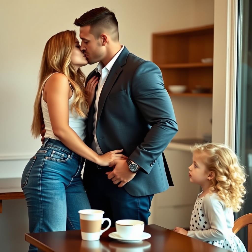 A beautiful young woman dressed in jeans standing close to a handsome muscular man in a suit, they are almost kissing, with the man gently leaning her against a table that has a coffee cup on it