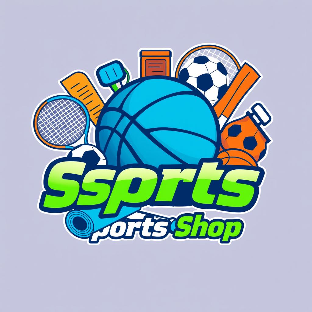 A vibrant logo for a sports shop featuring a stylized basketball alongside various sports equipment like tennis rackets, soccer balls, and exercise mats