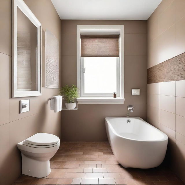 A compact bathroom with a white bathtub featuring a waves motor, a white toilet against one wall, a small window situated above the bathtub, a diminutive sink against another wall, all accentuated with brown tile flooring