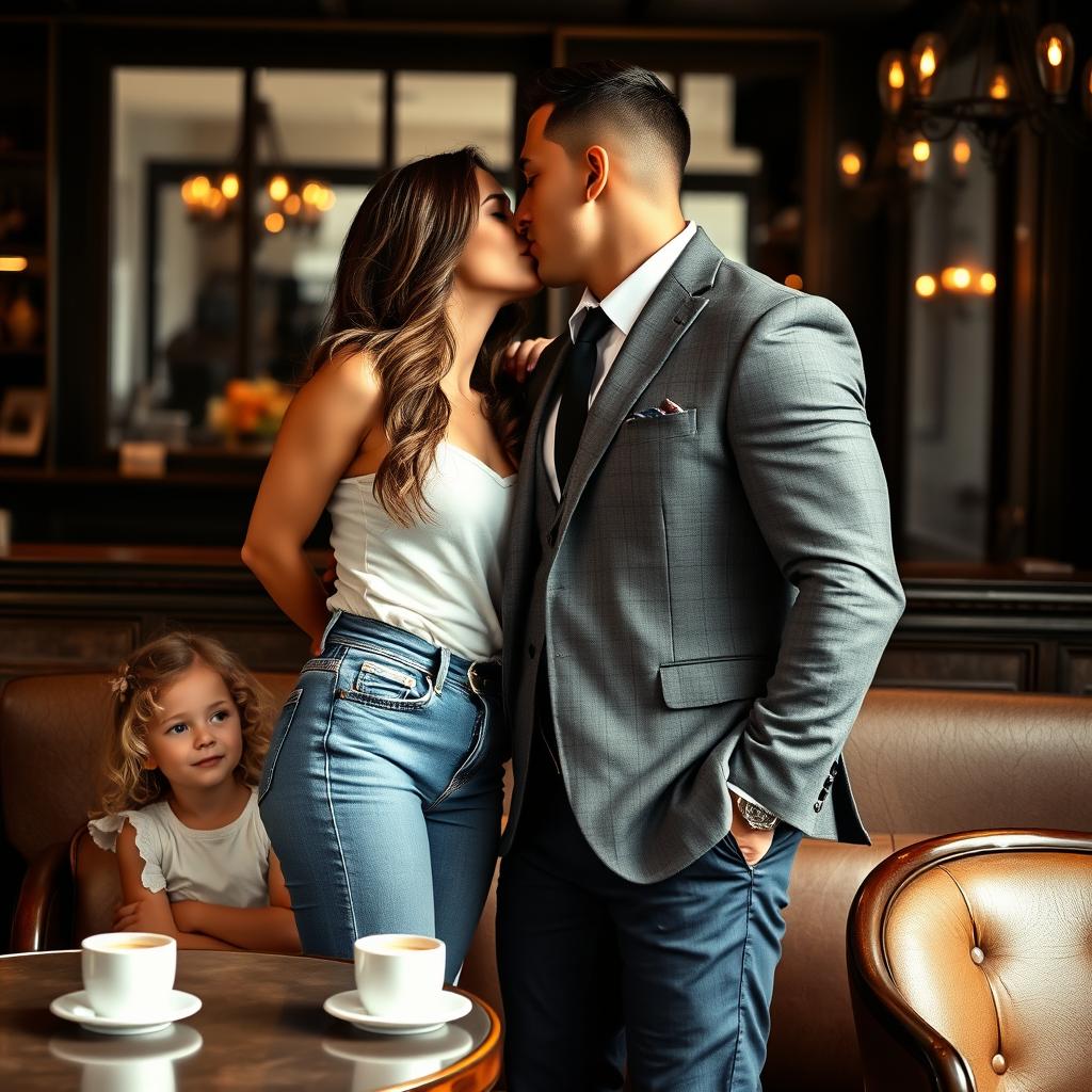 A beautiful young woman dressed in jeans standing close to a handsome muscular man in a suit, they are almost kissing, with the man gently leaning her against a table that has a coffee cup on it