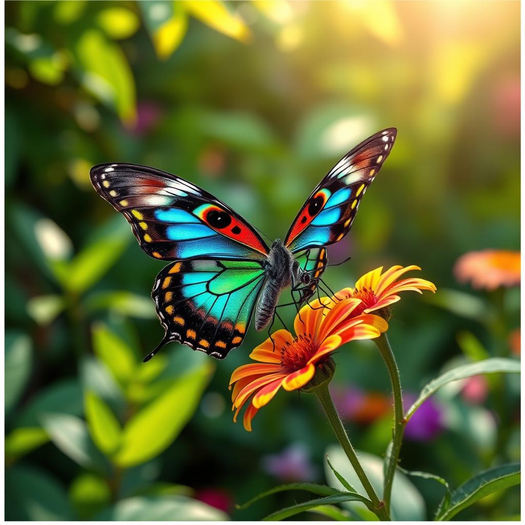 A realistic, vibrantly colored butterfly perched delicately on a colorful wildflower in a natural setting, surrounded by lush green foliage and soft sunlight filtering through the leaves