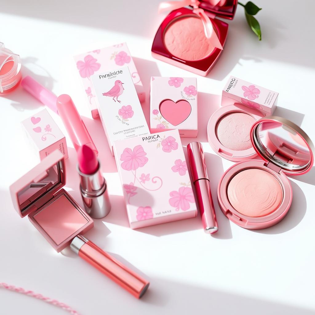 A collection of pink girly makeup packaging beautifully arranged
