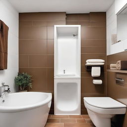 A compact bathroom with a white bathtub featuring a waves motor, a white toilet against one wall, a small window situated above the bathtub, a diminutive sink against another wall, all accentuated with brown tile flooring