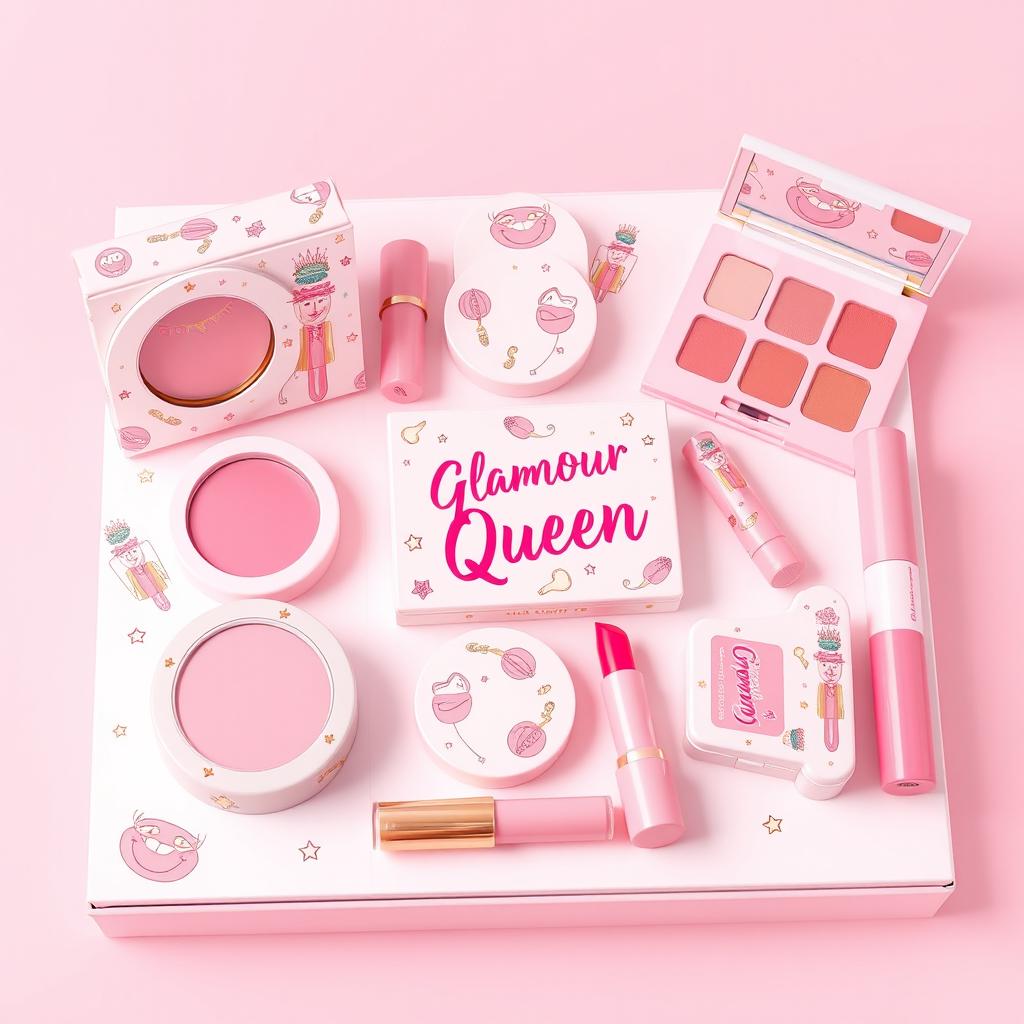 A vibrant and appealing design of pink girly makeup packaging, featuring whimsical patterns and illustrations of lipsticks, eye shadows, and blushes