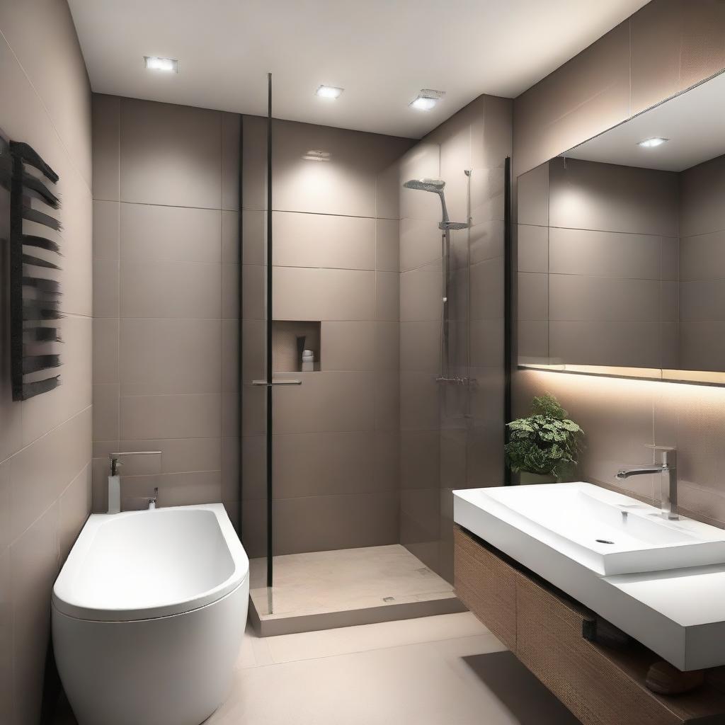 A chic and stylish modern bathroom design within a 10 by 5 feet space, characterised by sleek lines, minimalist aesthetic and innovative fixtures.