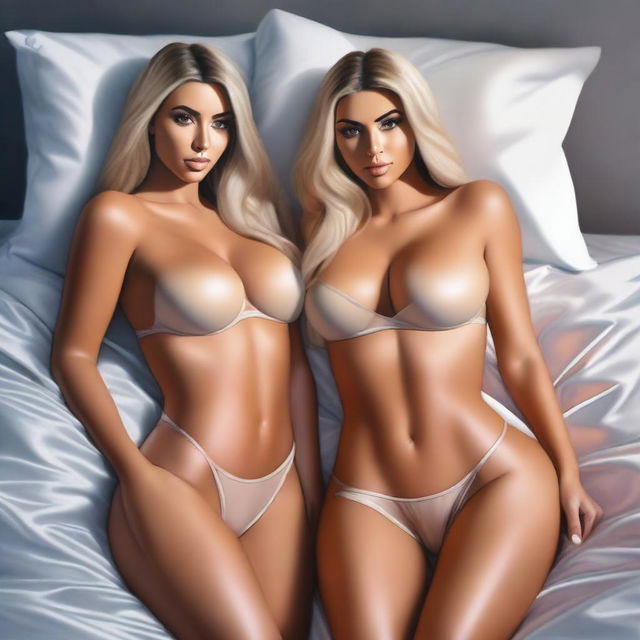 A hyper-realistic digital painting featuring two beautiful blonde women, Instagram models, on a bed, dressed in micro bikinis