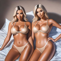 A hyper-realistic digital painting featuring two beautiful blonde women, Instagram models, on a bed, dressed in micro bikinis