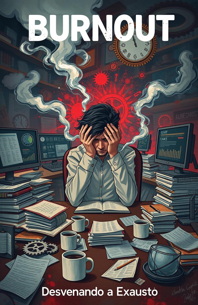 A surreal and thought-provoking illustration representing the concept of 'Burnout: Desvendando a Exaustão'