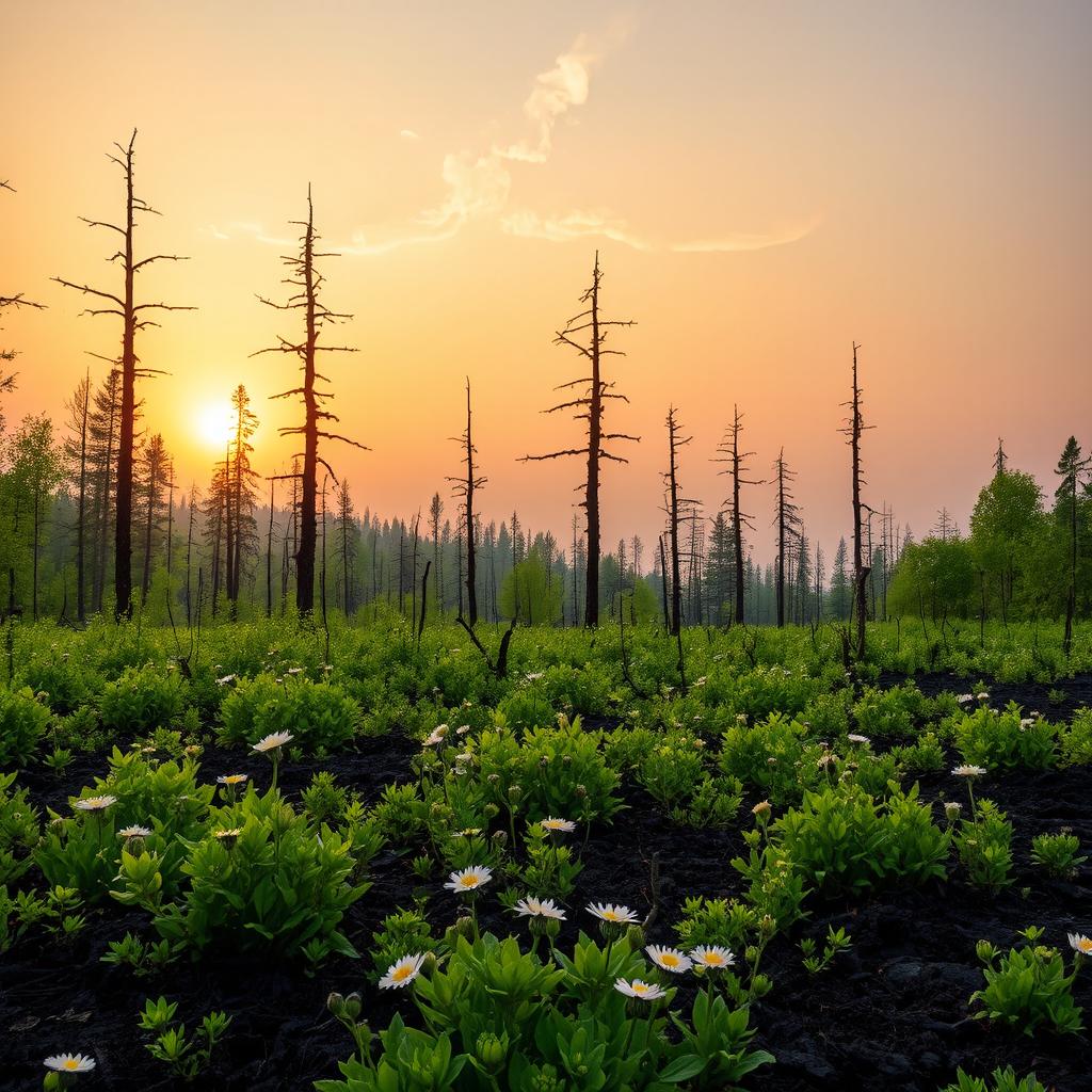 A serene landscape depicting the aftermath of a controlled burn in a forest