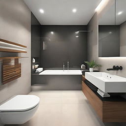 A chic and stylish modern bathroom design within a 10 by 5 feet space, characterised by sleek lines, minimalist aesthetic and innovative fixtures.