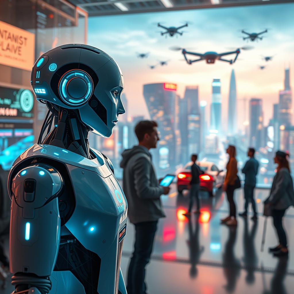 A futuristic scene showcasing the use of artificial intelligence in various domains