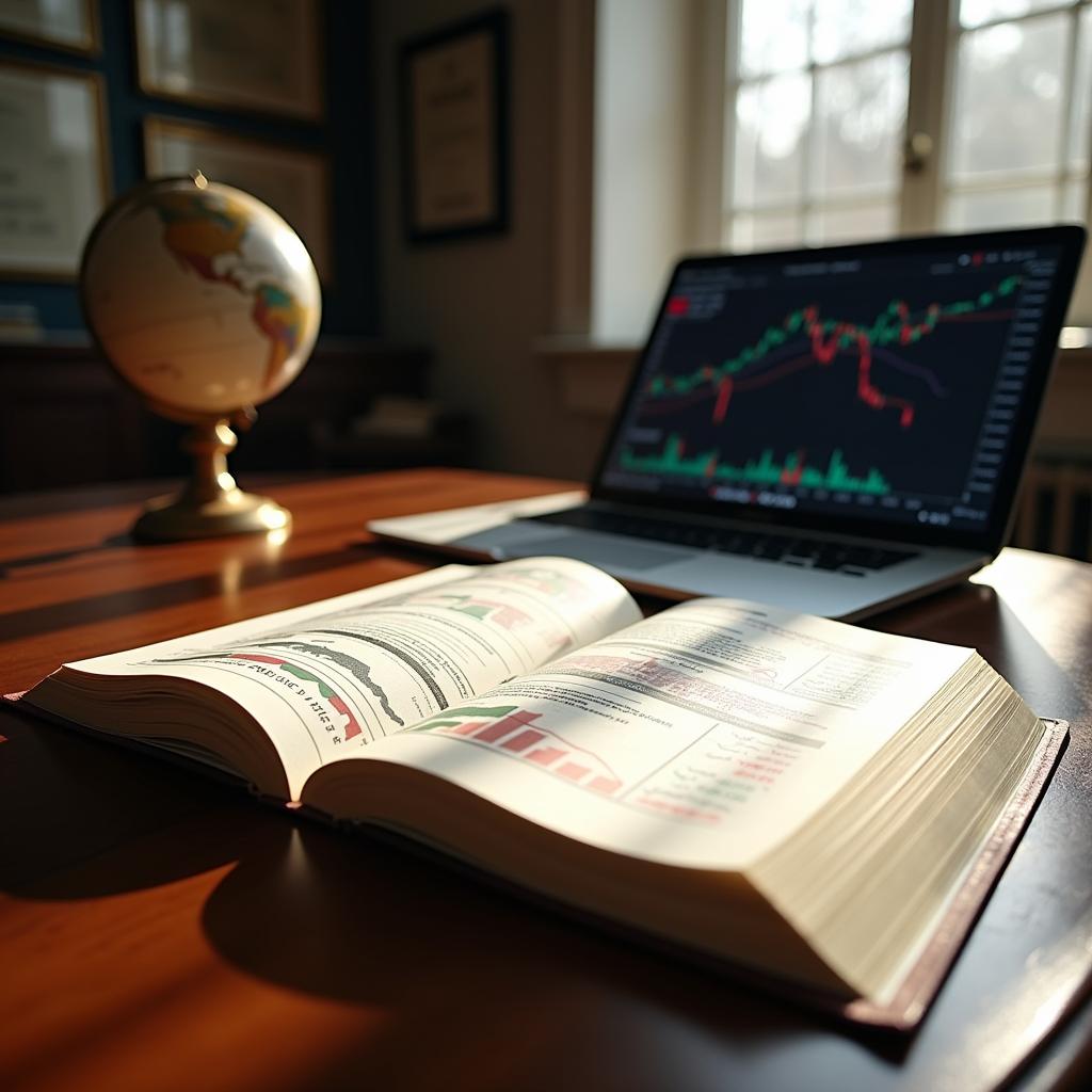 An open book lying on a wooden desk in an elegantly furnished office space