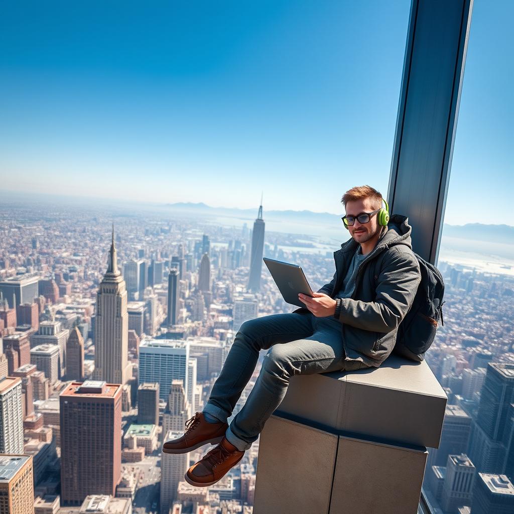 A heroic character, known as a hacker, sitting comfortably on a ledge of a 60-story modern skyscraper, casually holding a laptop