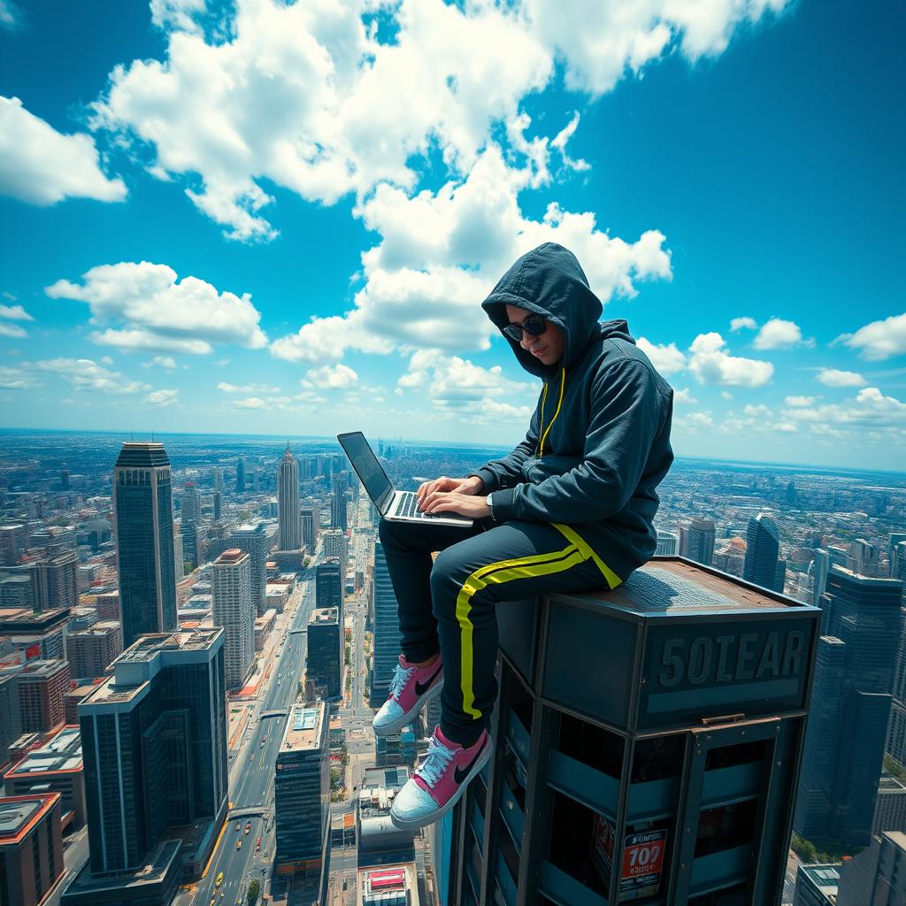 A skilled hacker sitting on a ledge of a towering 60-story building, comfortably using a laptop