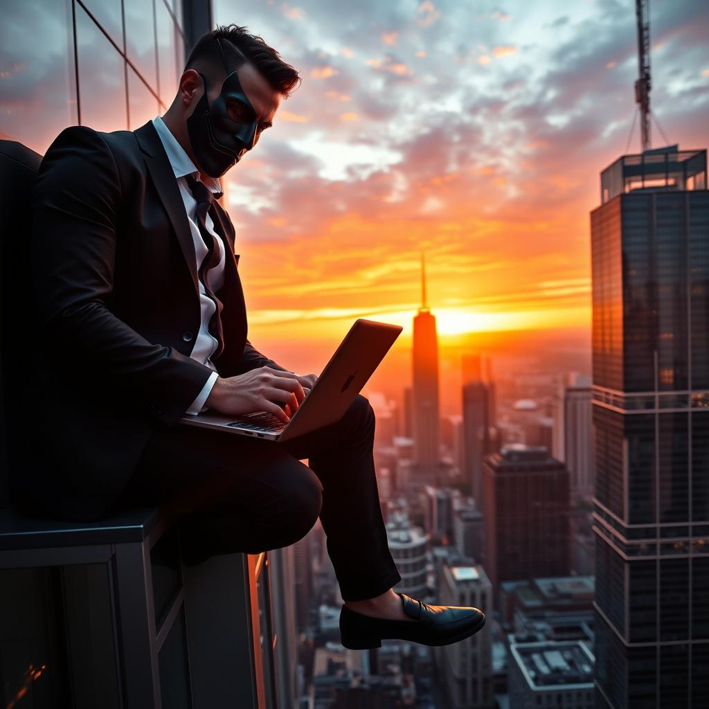 A dramatic scene of a man wearing a mask, holding a laptop, while sitting on the edge of a 60-story skyscraper