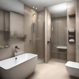 A chic and stylish modern bathroom design within a 10 by 5 feet space, characterised by sleek lines, minimalist aesthetic and innovative fixtures.