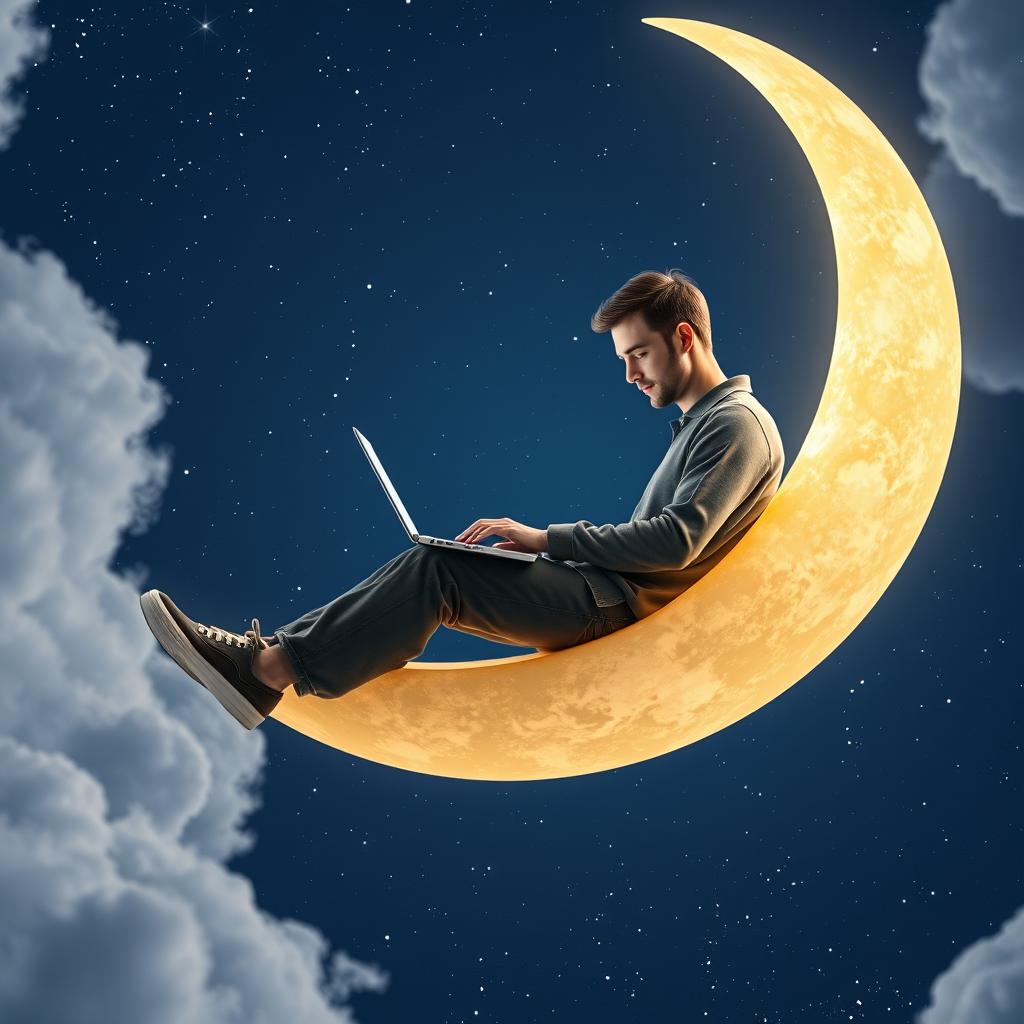 A serene and whimsical scene featuring an adult man sitting comfortably on a luminous crescent moon, working intently on a laptop