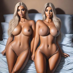 A hyper-realistic digital painting featuring two beautiful blonde women, Instagram models, on a bed, dressed in micro bikinis