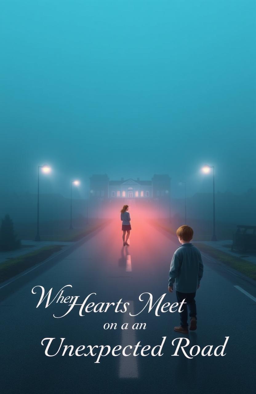 A quiet, foggy road leading towards a distant school, symbolizing time and distance