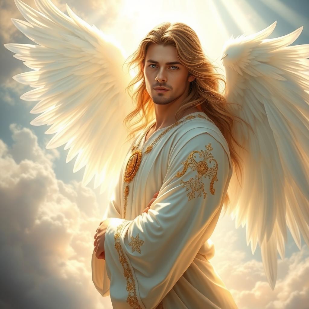 A beautiful male angel with magnificent white wings, glowing ethereal skin, and flowing long hair