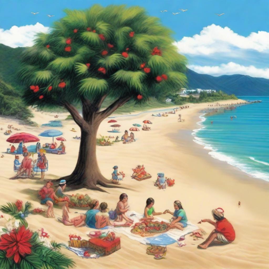 A typical New Zealand Christmas scene showing a festive beach with a Christmas tree erected on the sand, presents under the tree, a kiwi bird with a Santa hat, families enjoying a barbeque, and Pohutukawa trees in full bloom.