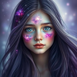 A portrait of a girl with a galaxy reflected in her face, showcasing vibrant colors like deep purples, starry whites, and cosmic blues