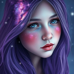 A portrait of a girl with a galaxy reflected in her face, showcasing vibrant colors like deep purples, starry whites, and cosmic blues