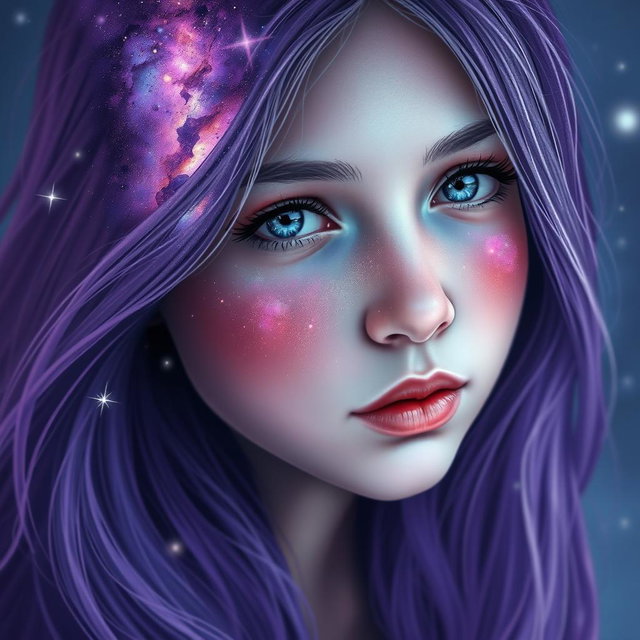A portrait of a girl with a galaxy reflected in her face, showcasing vibrant colors like deep purples, starry whites, and cosmic blues