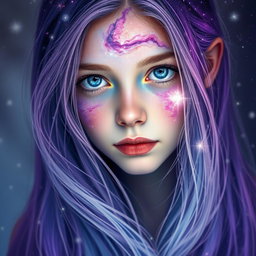 A portrait of a girl with a galaxy reflected in her face, showcasing vibrant colors like deep purples, starry whites, and cosmic blues