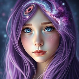 A portrait of a girl with a galaxy reflected in her face, showcasing vibrant colors like deep purples, starry whites, and cosmic blues