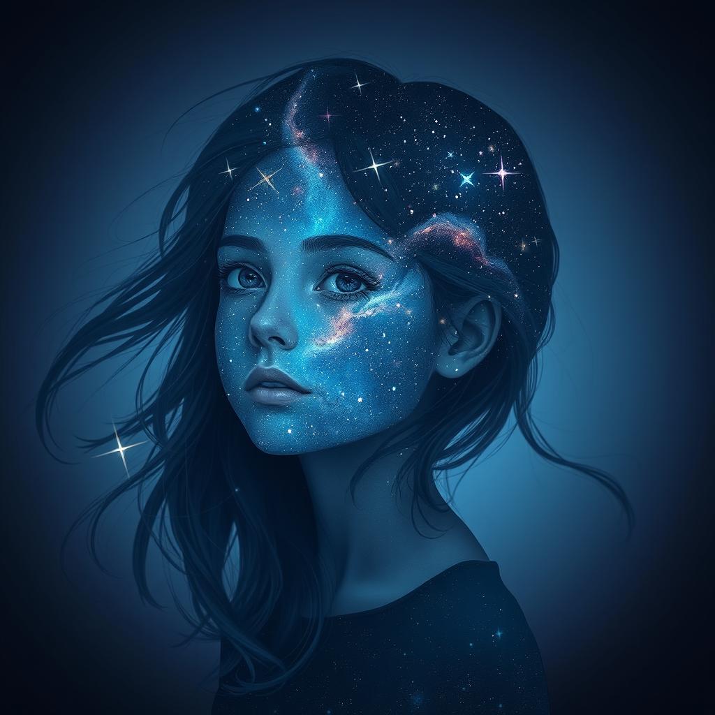 A captivating portrait of a girl figure with her face replaced by a mesmerizing starry night sky, twinkling stars and galaxies shining through, creating a dreamlike effect