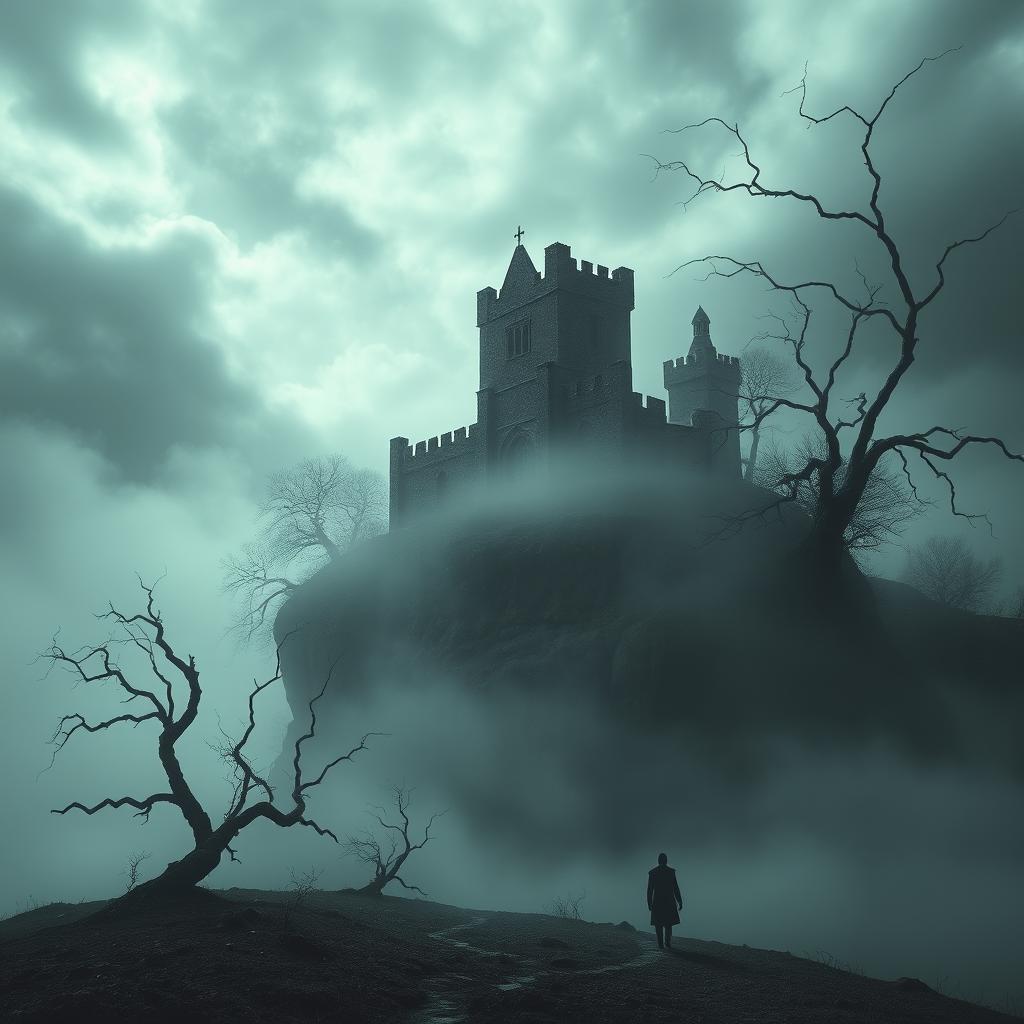 A chilling and eerie landscape shrouded in fog, featuring an ancient crumbling castle perched on a desolate cliff