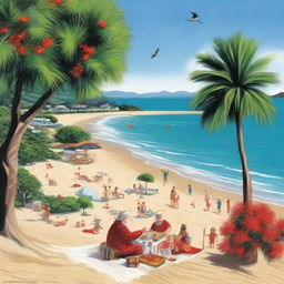 A typical New Zealand Christmas scene showing a festive beach with a Christmas tree erected on the sand, presents under the tree, a kiwi bird with a Santa hat, families enjoying a barbeque, and Pohutukawa trees in full bloom.