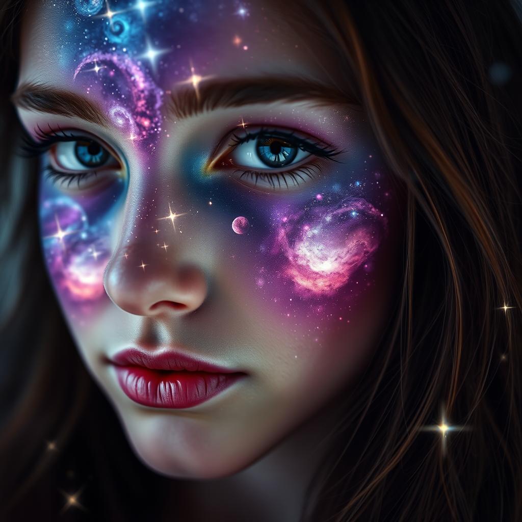 A close-up portrait of a young woman with a cosmic theme, her face filled with vibrant stars and swirling galaxies, the colors a mix of deep blues, purples, and bright whites, creating a mystical and enchanting atmosphere