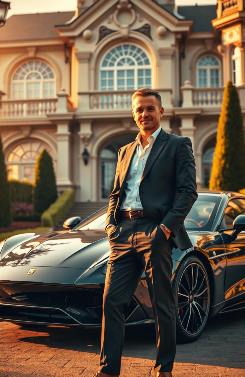 A cinematic scene depicting a wealthy man in front of his luxurious mansion, featuring intricate architecture and a beautifully landscaped garden