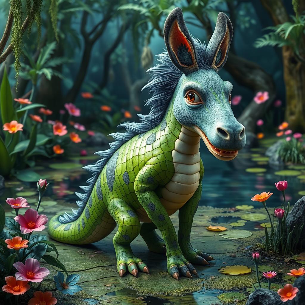 A fantastical creature that is a combination of a crocodile and a donkey, featuring the elongated body and scaly texture of a crocodile, paired with the floppy ears and hooves of a donkey