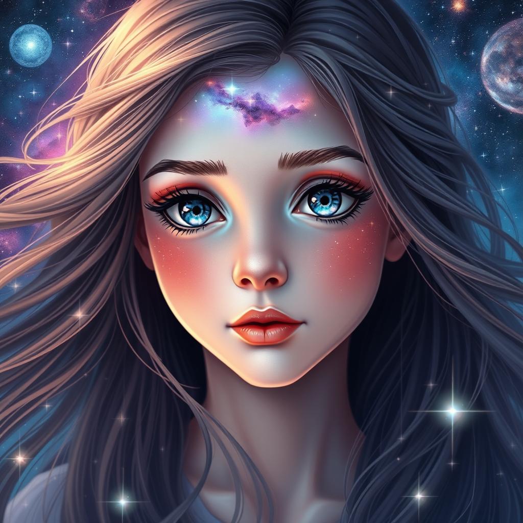 A stunningly beautiful girl with a dreamy expression, her hair flowing like stardust, surrounded by a breathtaking view of stars and galaxies