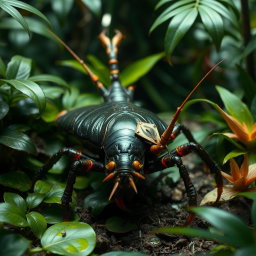 A unique and imaginative creature combining elements of a cockroach and a scorpion, featuring the elongated body of a cockroach with glossy, dark exoskeleton, multiple legs, and the dangerous stinger of a scorpion at the rear