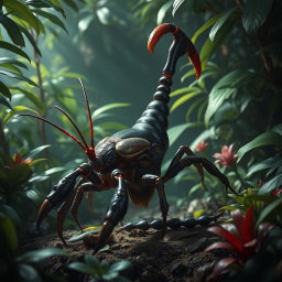 A unique and imaginative creature combining elements of a cockroach and a scorpion, featuring the elongated body of a cockroach with glossy, dark exoskeleton, multiple legs, and the dangerous stinger of a scorpion at the rear