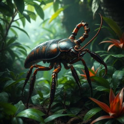 A unique and imaginative creature combining elements of a cockroach and a scorpion, featuring the elongated body of a cockroach with glossy, dark exoskeleton, multiple legs, and the dangerous stinger of a scorpion at the rear