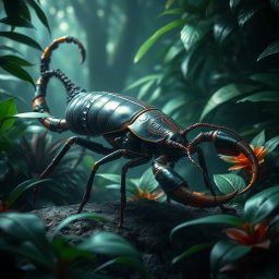 A unique and imaginative creature combining elements of a cockroach and a scorpion, featuring the elongated body of a cockroach with glossy, dark exoskeleton, multiple legs, and the dangerous stinger of a scorpion at the rear