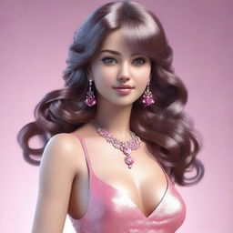 A stunning 3D render of a girl with brown hair, dressed in a revealing pink outfit