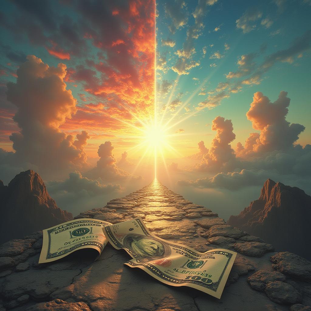 A surreal landscape symbolizing the journey from a manufactured reality to a state of consciousness control