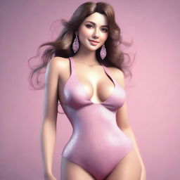 A stunning 3D render of a girl with brown hair, dressed in a revealing pink outfit