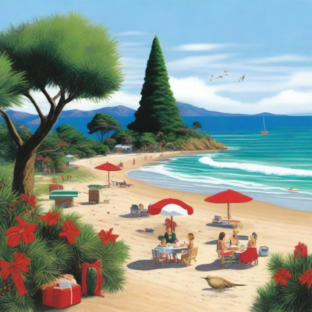 A typical New Zealand Christmas scene showing a festive beach with a Christmas tree erected on the sand, presents under the tree, a kiwi bird with a Santa hat, families enjoying a barbeque, and Pohutukawa trees in full bloom.