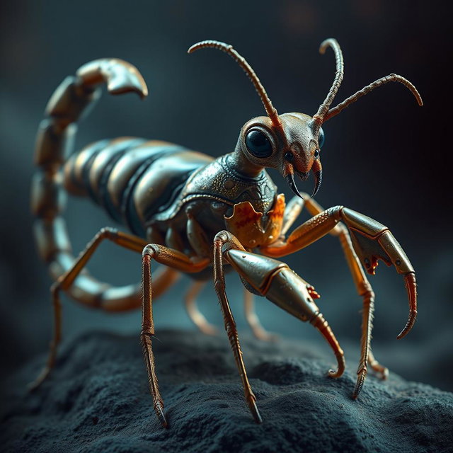 An imaginative and fantastical creature that combines characteristics of a scorpion, a beetle, and an ant