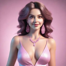 A stunning 3D render of a girl with brown hair, dressed in a revealing pink outfit